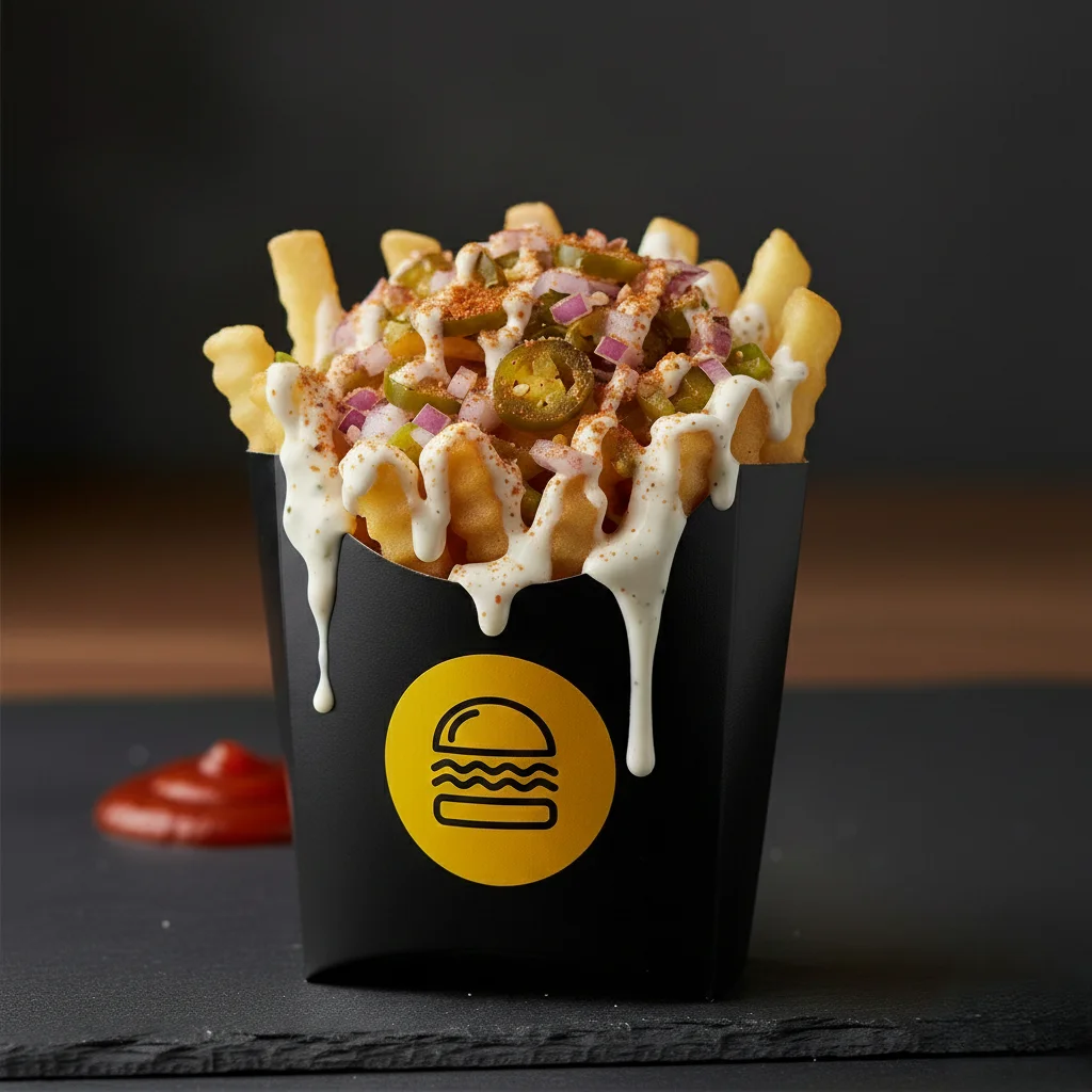 Loaded Fries - crispy fries topped with cheese, bacon and special sauce
